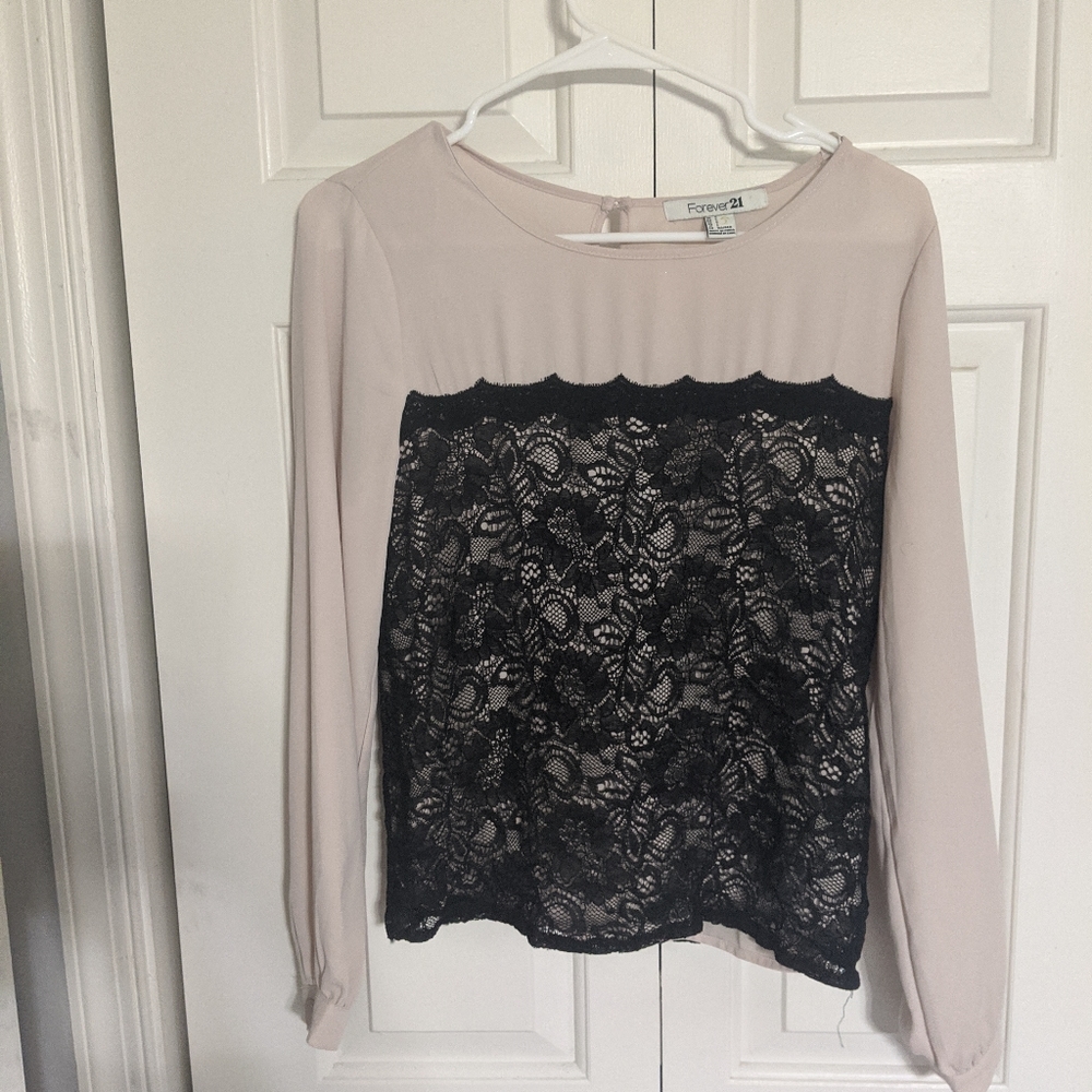 Long Sleeve Lace Overlay Blouse